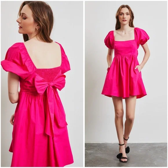 Puff Sleeve Baby Doll Dress with Bow Back and Pockets - Picture 1 of 7